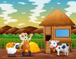 Old farmer and animals in the farmland vector