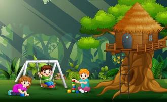 Children playing at park under the treehouse vector