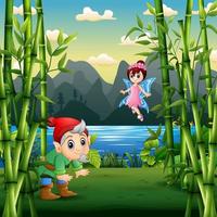 Cartoon a dwarf and fairy in the nature landscape vector