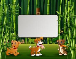 Three of dogs cartoon with a blank sign in the forest vector