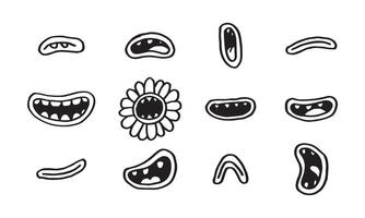 collection of cute monsters mouth. hand drawn cartoon mouths with teeth, on white background. vector illustration for character design