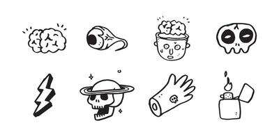 set of simple dark tattoo illustration. scary sticker line art design element. old school clip art hand drawn design vector