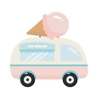 Pink van with ice cream. For kids stuff, card, posters, banners, books, printing on the pack, printing on clothes, fabric, wallpaper, textile or dishes. Vector illustration.