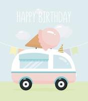 Birthday Party, Greeting Card, Party Invitation. Kids illustration with Van and Ice cream. Vector illustration in cartoon style.