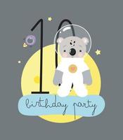 fiesta de cumpleaños, tarjeta de felicitación, invitación de fiesta. ilustración infantil con lindo koala cosmonauta y una inscripción diez. ilustración vectorial en estilo de dibujos animados. vector
