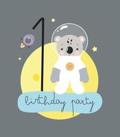 fiesta de cumpleaños, tarjeta de felicitación, invitación de fiesta. ilustración infantil con un lindo cosmonauta koala y una inscripción. ilustración vectorial en estilo de dibujos animados. vector