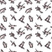 Design seamless pattern with hand drawn raccoon in yoga asana. vector