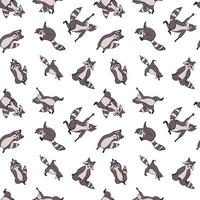 Design seamless pattern with hand drawn raccoon in yoga asana. vector