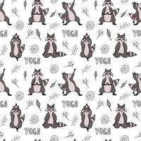 Design seamless pattern with hand drawn raccoon in yoga asana. vector