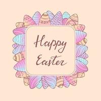 Handdrawn frame with Easter egg decoration. Hand lettering greeting phrase Happy Easter. Square frame for greetings, seasonal sales, posters, advertisement. vector