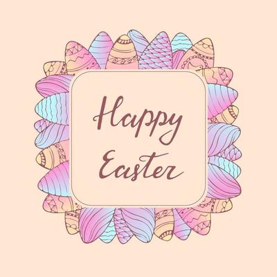 Handdrawn frame with Easter egg decoration. Hand lettering greeting phrase Happy Easter. Square frame for greetings, seasonal sales, posters, advertisement.