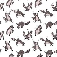 Design seamless pattern with hand drawn raccoon in yoga asana. vector