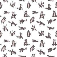 Design seamless pattern with hand drawn raccoon in yoga asana. vector