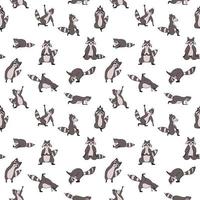 Design seamless pattern with hand drawn raccoon in yoga asana. vector