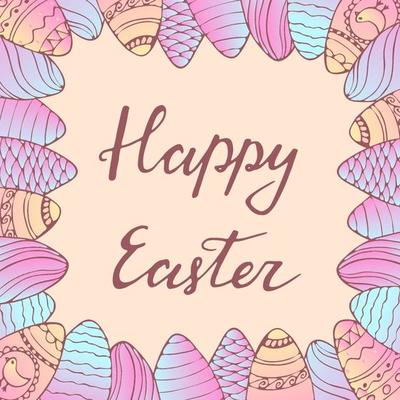 Handdrawn frame with Easter egg decoration. Hand lettering greeting phrase Happy Easter. Square frame for greetings, seasonal sales, posters, advertisement.
