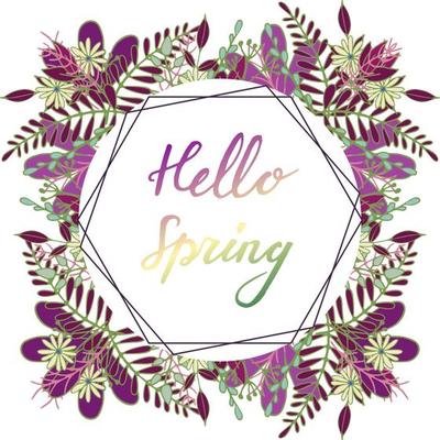 Handdrawn frame with flower and leaves decoration. Hand lettering greeting phrase Hello Spring. Square frame for greetings, seasonal sales, posters, advertisement.