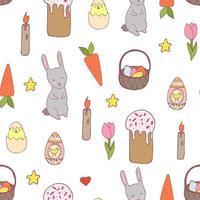 Handdrawn easter seamless pattern with bunny, carror, eggs and chiken , vector illustration