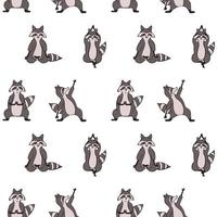 Design seamless pattern with hand drawn raccoon in yoga asana. vector