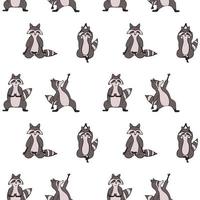 Design seamless pattern with hand drawn raccoon in yoga asana. vector