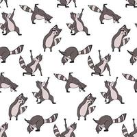 Design seamless pattern with hand drawn raccoon in yoga asana. vector