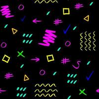 Handdrawn colorful on black background brush stroke seamless pattern. Memphis style pattern. Abstract background. vector