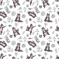 Design seamless pattern with hand drawn raccoon in yoga asana. vector
