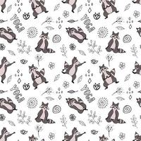 Design seamless pattern with hand drawn raccoon in yoga asana. vector