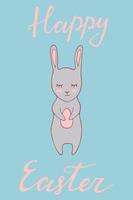 Handdrawn Easter greeting card with banny rabit. Hand lettering greeting phrase Happy Easter. Cute poster with greeting vector illustration.