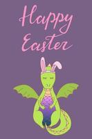 Handdrawn Easter greeting card with dragon and egg. Hand lettering greeting phrase Happy Easter. Cute poster with greeting vector illustration.
