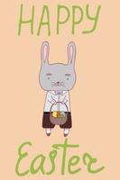 Handdrawn Easter greeting card with banny rabit. Hand lettering greeting phrase Happy Easter. Cute poster with greeting vector illustration.