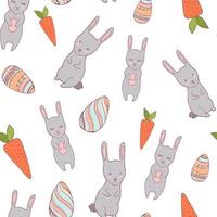 Handdrawn easter seamless pattern with bunny, carrot and decorative eggs, vector illustration