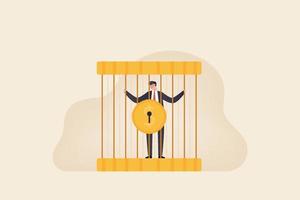 Money trap concept. Business man locked in birds cage. Businessman man in golden cage. vector