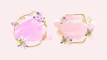 Pastel rose and pink brush strokes and gold lines. Gold round and hexagonal contour frame. vector