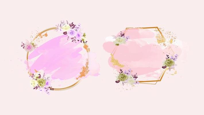 Pastel rose and pink brush strokes and gold lines. Gold round and hexagonal contour frame.