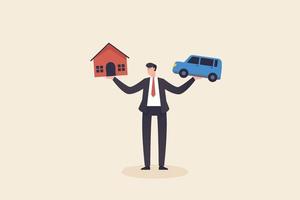 Businessman holding loan house and car. Financial and business risk, banking loan and debt risk, stability or balance of economics. vector