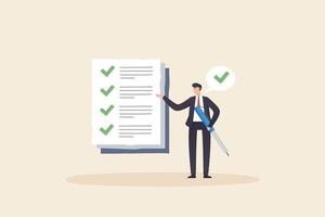 Businessman checking documents. Project tracking or goal tracker. Successfully completed part of checklist and progress is well done. vector