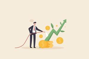 A businessman waters a small plant shaped like a growth graph. Investment growth or business grow up, make profit in stock market or earning growth concept vector