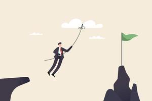 Business goal achievement, success career development or motivation and work or project accomplishment concept. A businessman jumps to the top of the mountain using a rope to reach the flag. vector