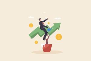 Businessman riding a graph. Plant in pot shaped like graph. Investment growth or business grow up, make profit in stock market or earning growth concept. vector
