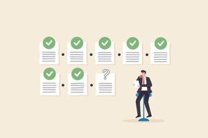 Businessman checking documents. Project tracking or goal tracker. Successfully completed part of checklist and progress is well done. vector