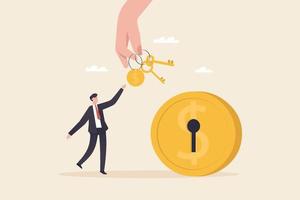 Financial key success, unlock secret reward for investment opportunity, wealth solution to make money and gain profit concept. big hand giving a key to a small businessman vector