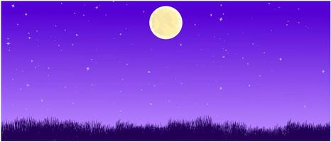 night grass brush silhouette, beautiful sky with full moon and stars background vector