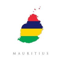 Mauritius country flag inside map contour design icon logo. Vector illustration with Mauritius national flag with shape of Mauritius map. Red, blue, yellow, green colors. Volume shadow on the map