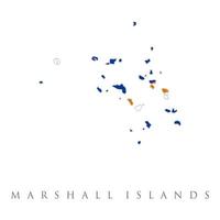 mapa de islas marshall con bandera aislado sobre fondo blanco. un campo azul con dos franjas diagonales de color naranja y blanco y la gran estrella blanca. con nombre texto república de las islas marshall. vector