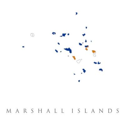 Map Of Marshall Islands With Flag Isolated On White Background. A blue field with two diagonal stripes of orange and white and the large white star. with name text Republic of the Marshall Islands.