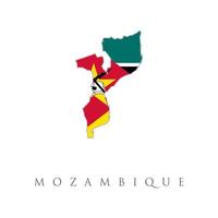Vector isolated simplified illustration icon with silhouette of Mozambique map. National flag. White background. Mozambique country flag inside map contour design icon logo