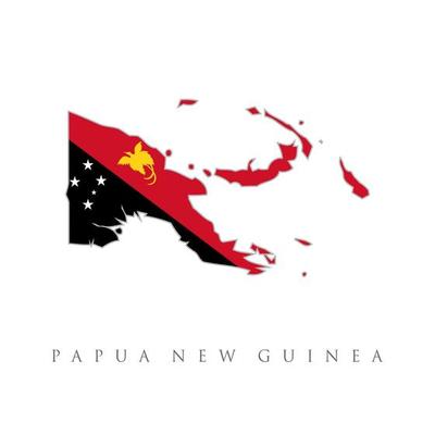 Papua New Guinea detailed map with flag of country. Flag and state seal of the Independent State Papua New Guinea overlaid on detailed outline map isolated on white background