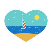 Sea in the heart. Abstract sailboat on the Waves with Heart-shaped Gulls vector flat design EPS10