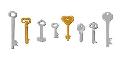 Set of Hand Drawn Vintage Keys. Gold and Silver Keys Isolated Vector Illustration. Wedding and Valentine Day Symbols