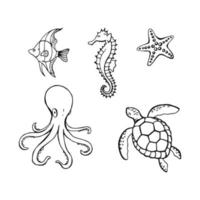 Sea or ocean underwater life with different animals. Hand drawn illustration converted to vector. vector